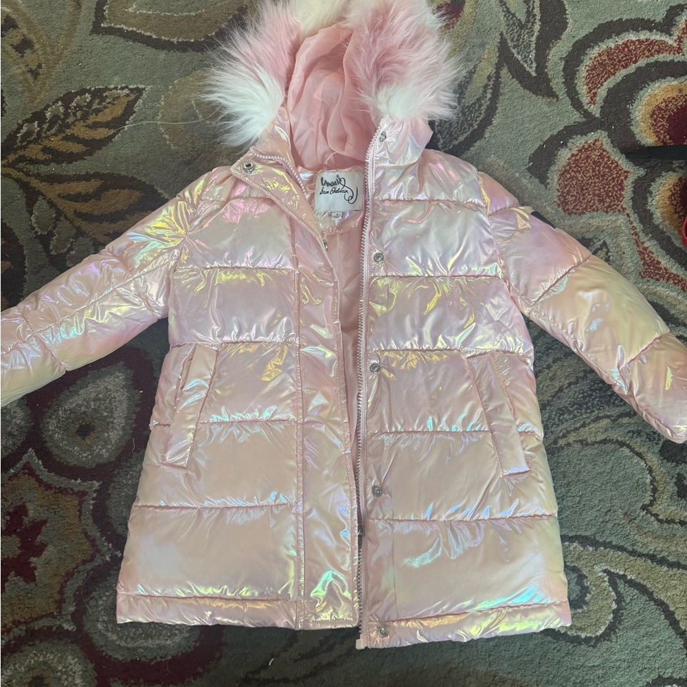 Sam Edelman Iridescent Light Pink Puffer Jacket with Faux Fur Hood - Kids